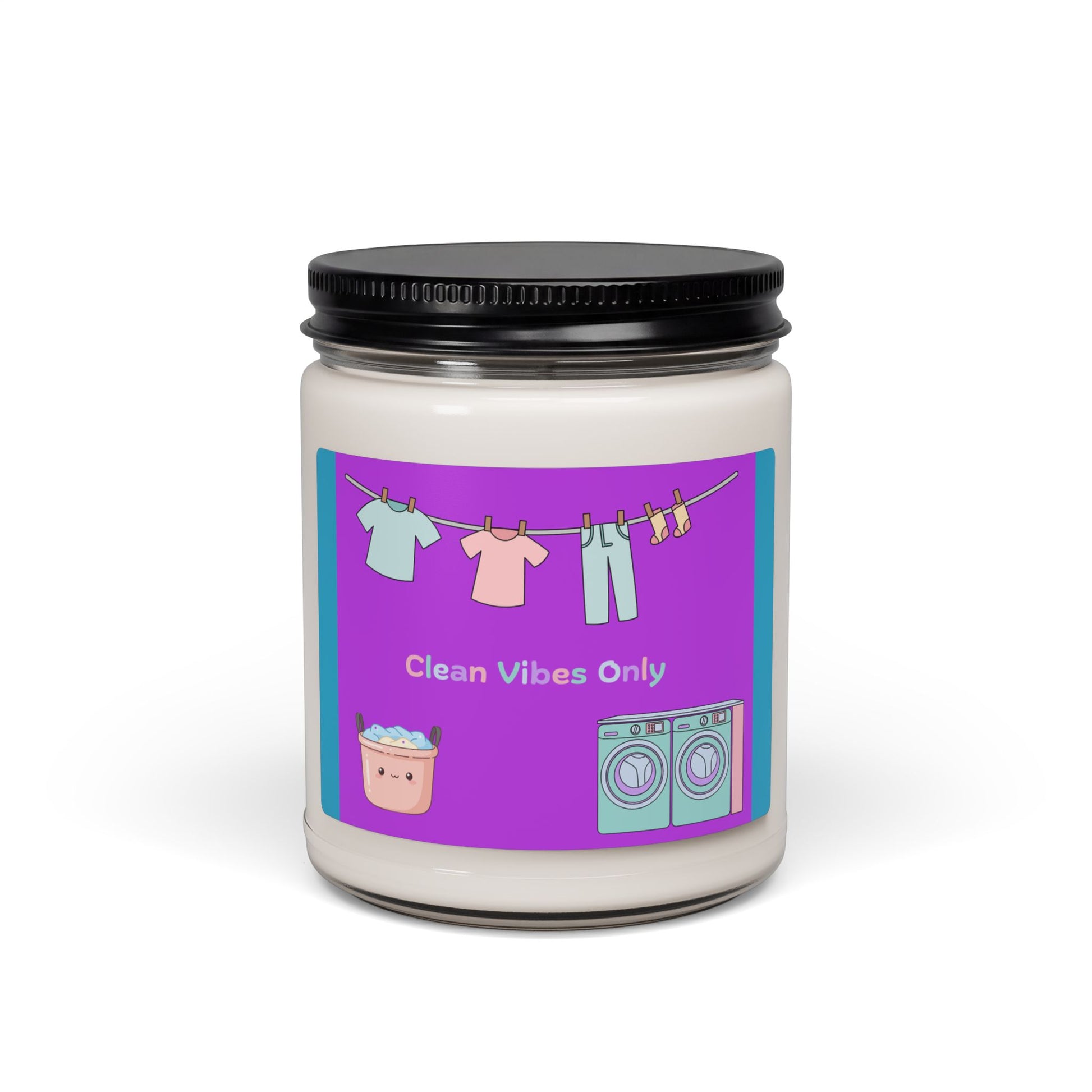 Candle jar with a 'Clean Vibes Only' label featuring laundry-themed graphics on a white background.