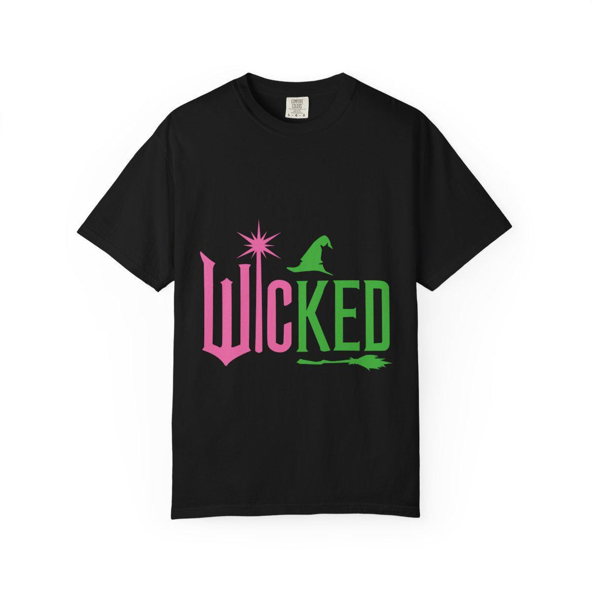 Black t-shirt with 'Wicked' graphic design on a white background