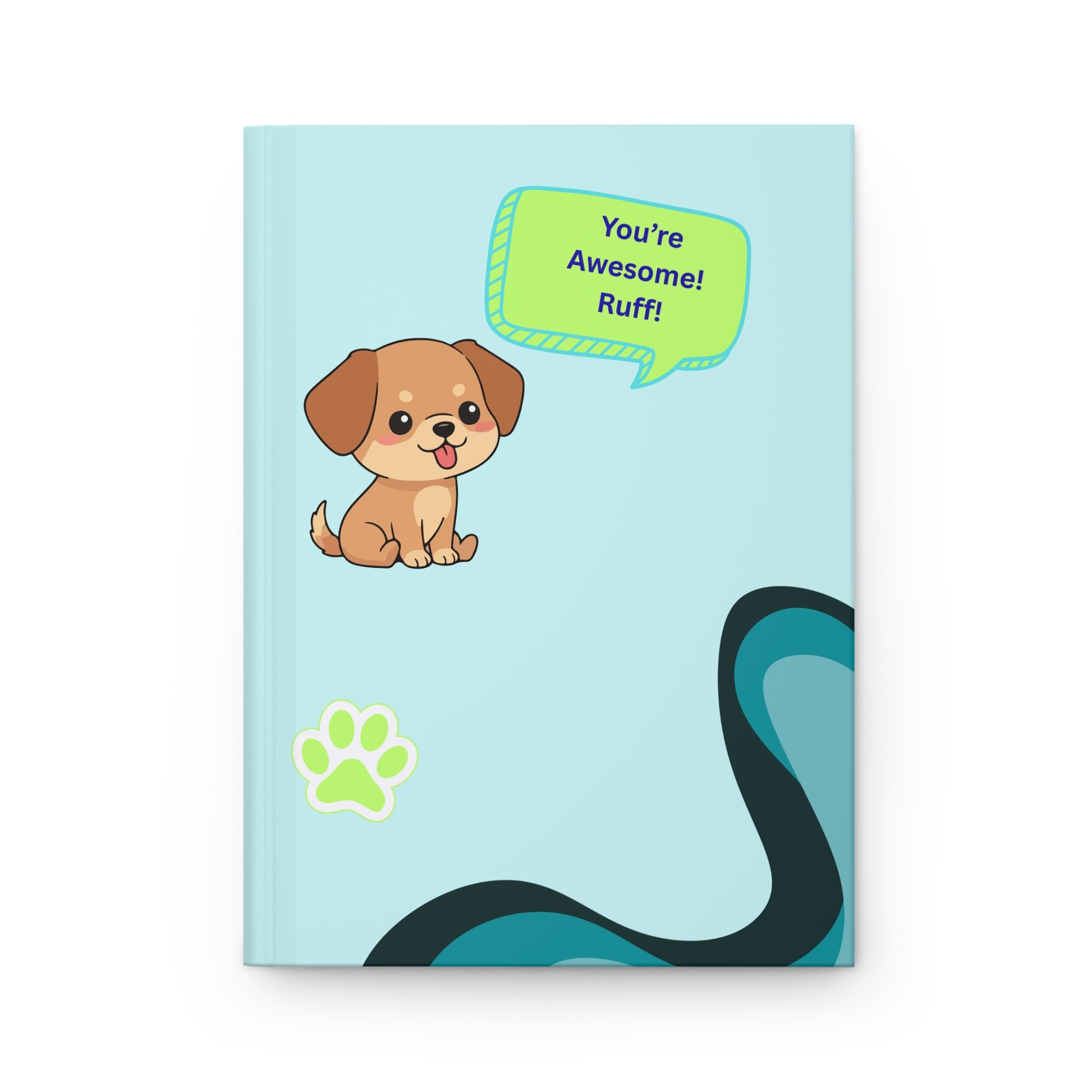 Notebook with a cartoon dog and speech bubble on a light blue background