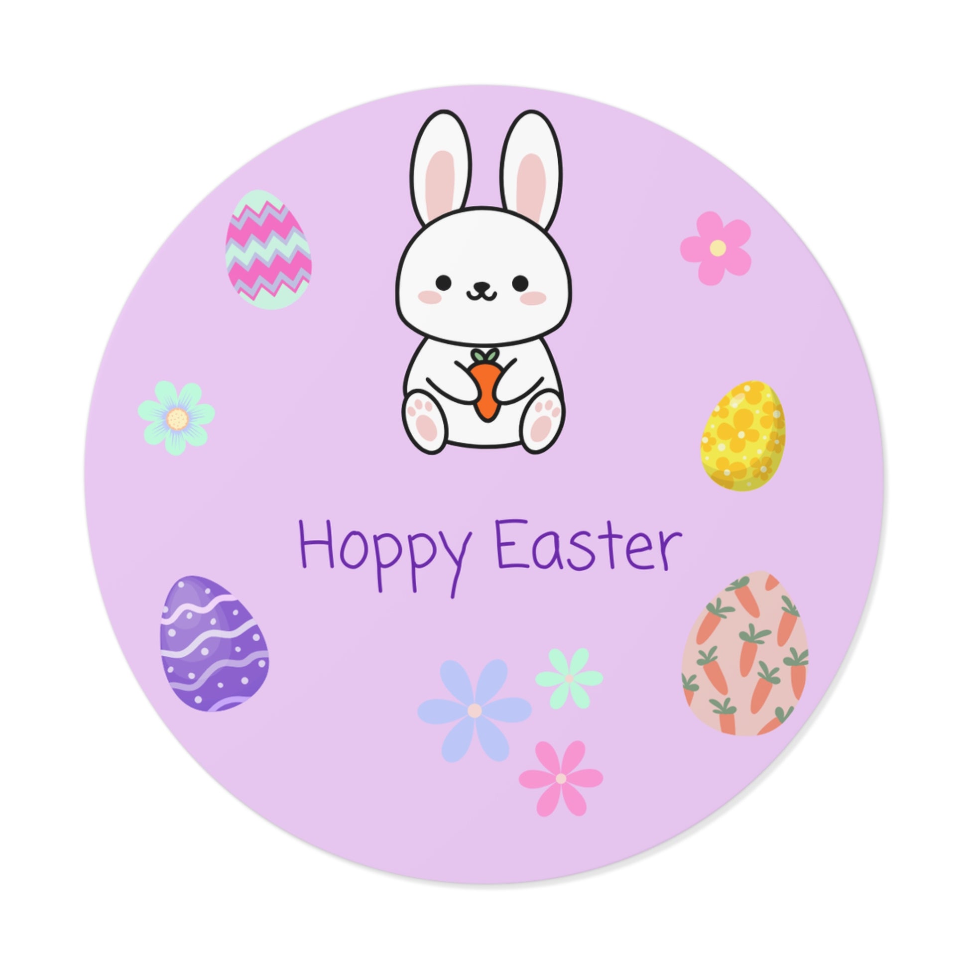 Round purple sticker with a cartoon bunny, Easter eggs, and flowers on a white background