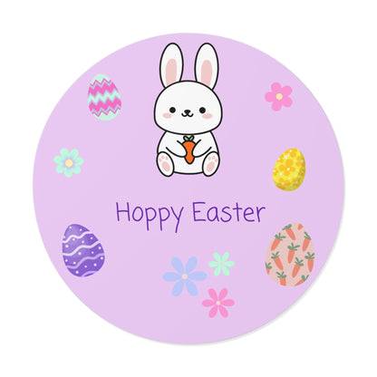 Round purple sticker with a cartoon bunny, Easter eggs, and flowers on a white background