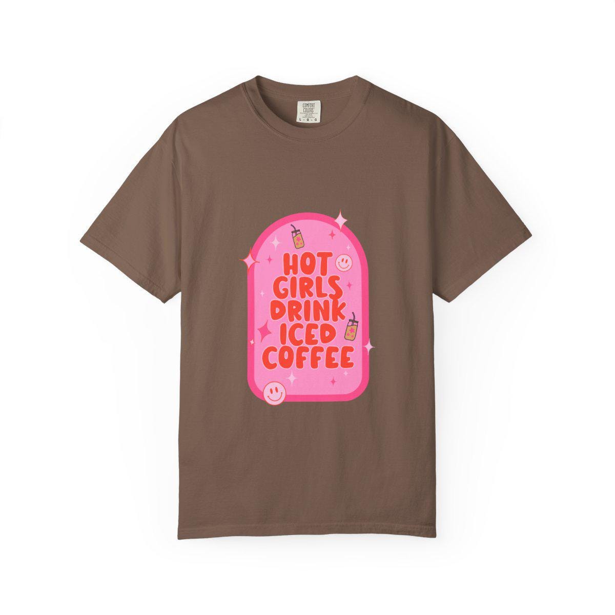 Brown t-shirt with pink graphic and text on a white background