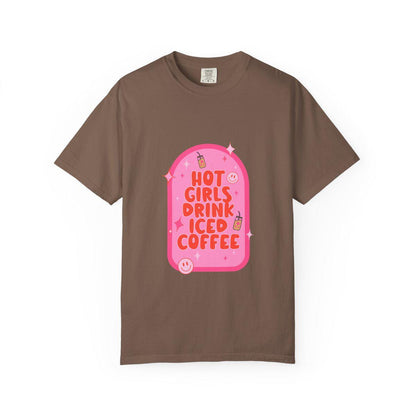 Brown t-shirt with pink graphic and text on a white background