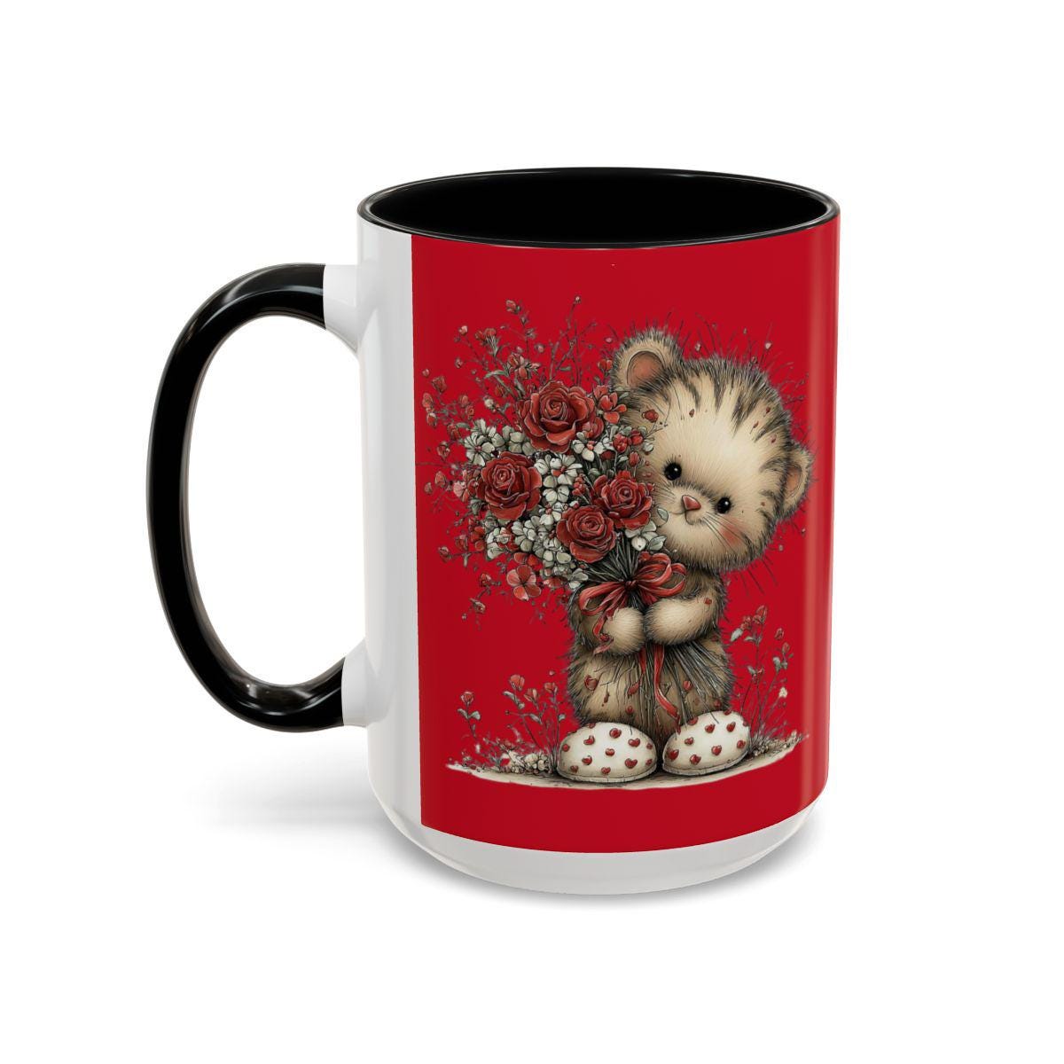 Mug with a cat holding flowers design on a red background