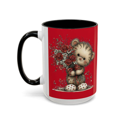Mug with a cat holding flowers design on a red background