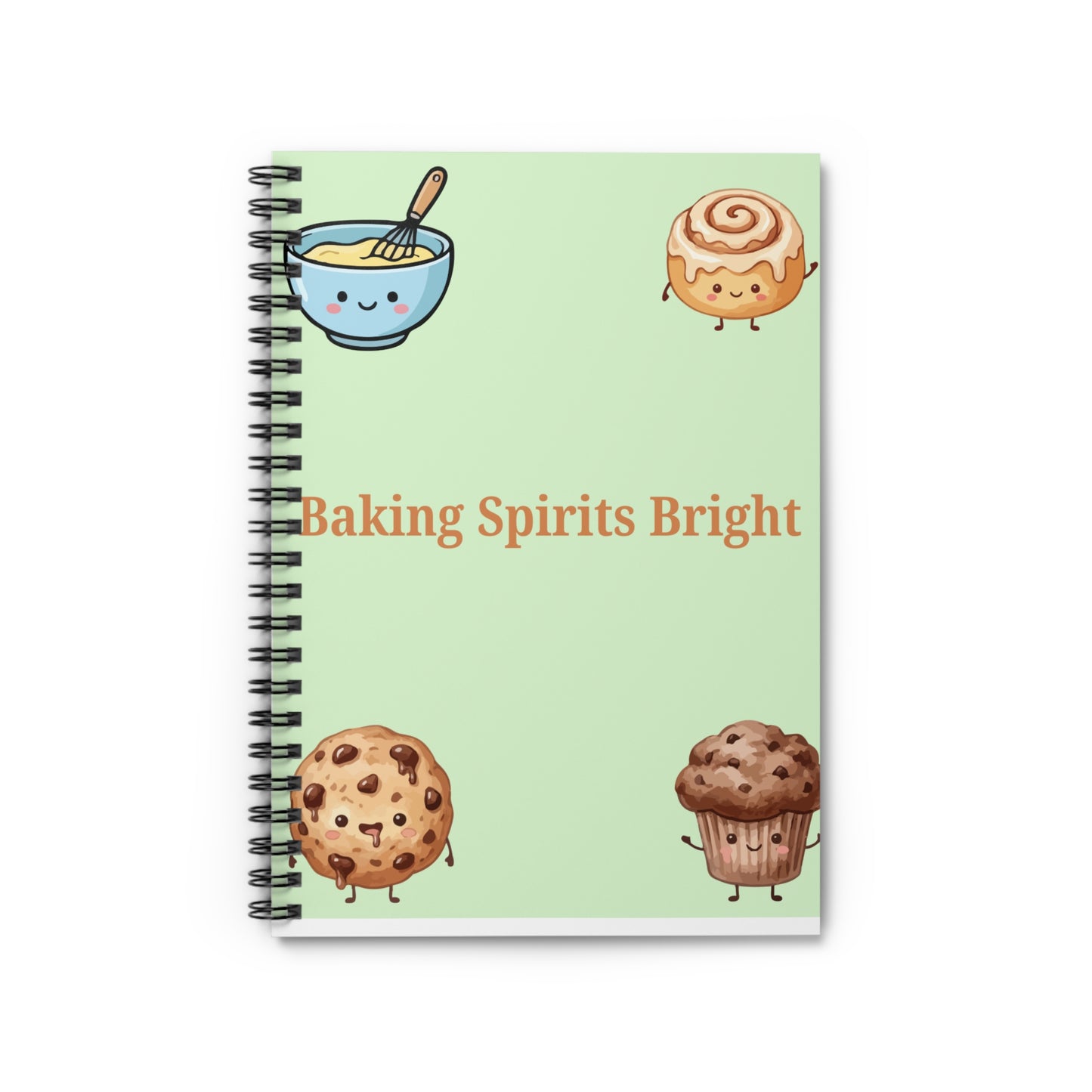 Notebook with cute baking-themed illustrations on a light green background