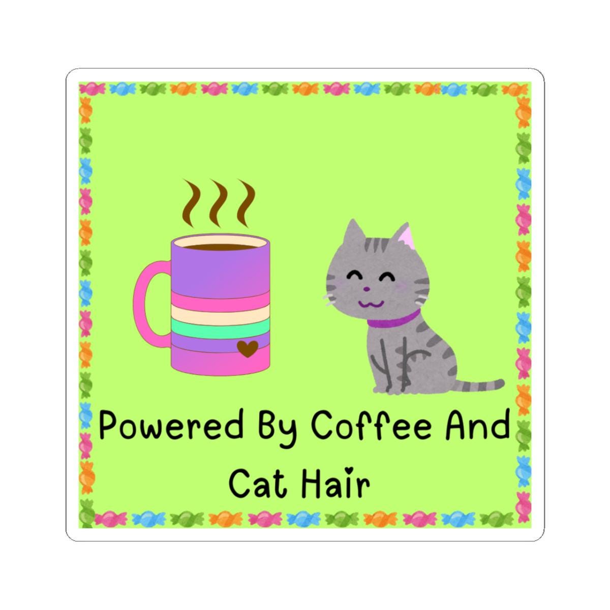 Sticker with a cat and coffee cup on a green background with colorful border