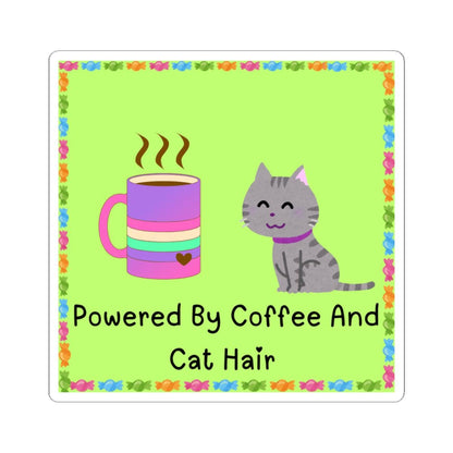 Sticker with a cat and coffee cup on a green background with colorful border
