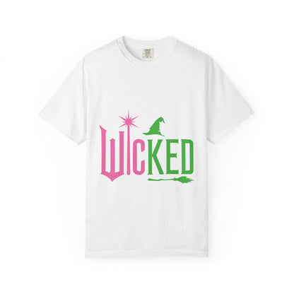 White t-shirt with 'WICKED' text and witch hat graphic on a white background