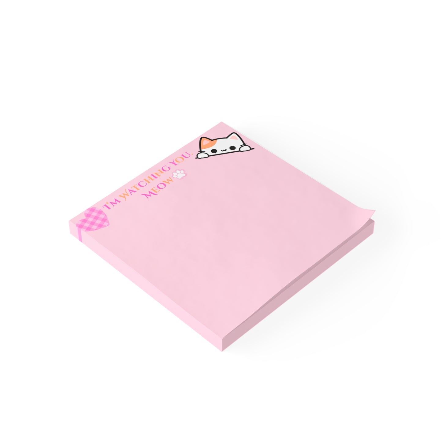 Pink notepad with a cat illustration and text on a white background