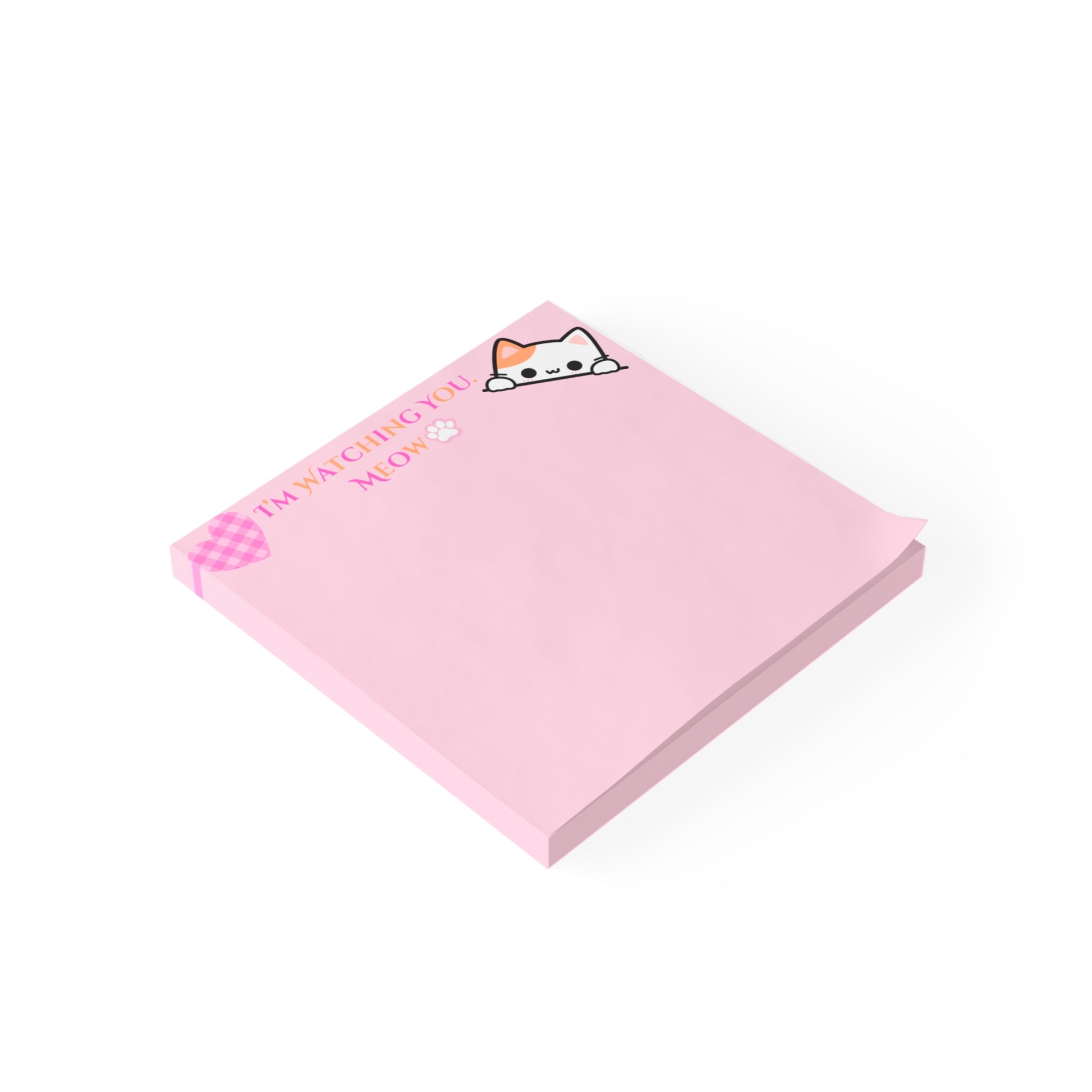 Pink notepad with a cat illustration and text on a white background