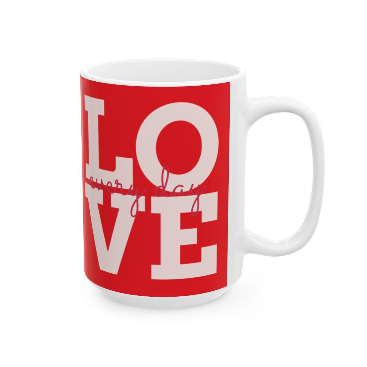 White mug with red background and 'LOVE' text on a white background
