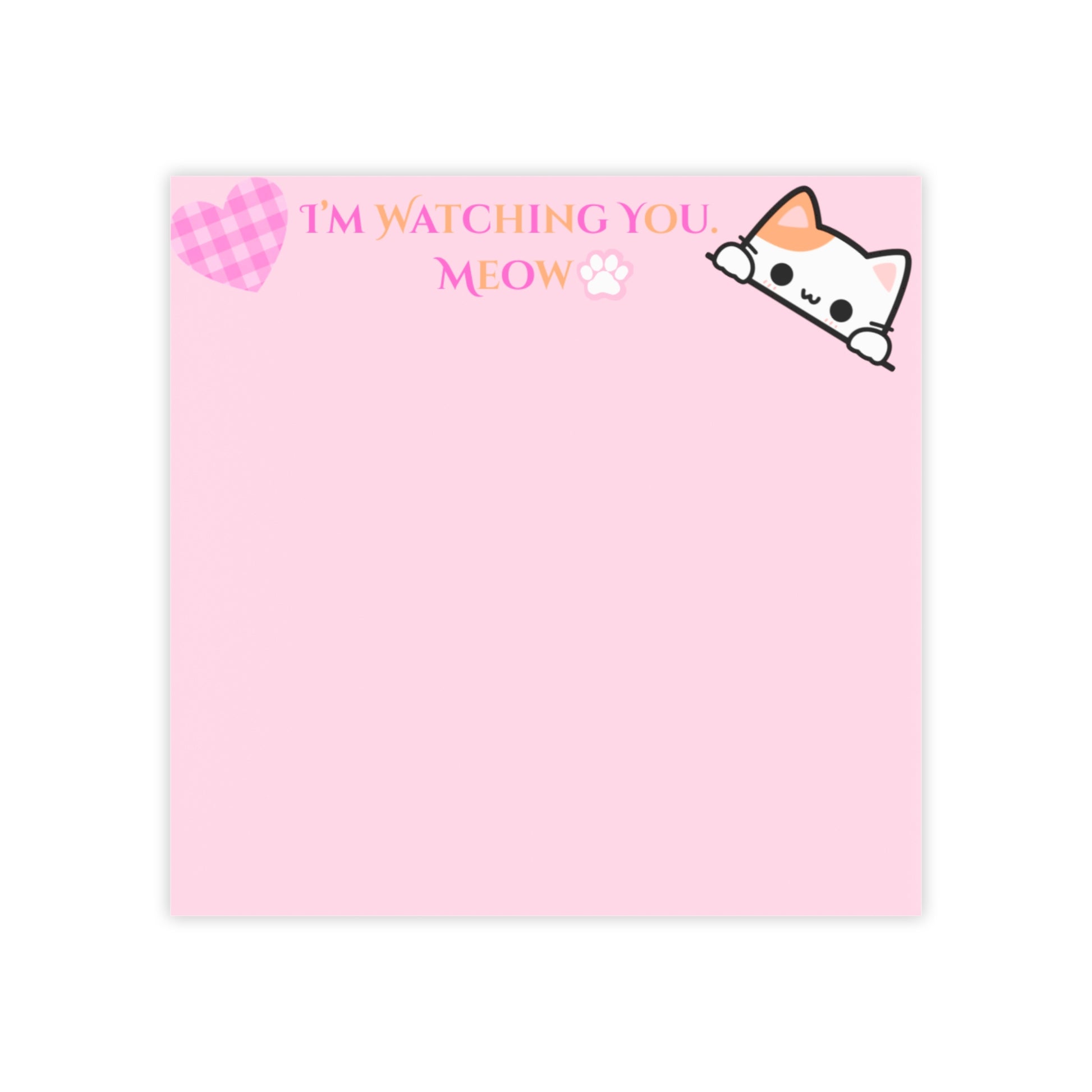 Pink notepad with a cat illustration and text on a white background