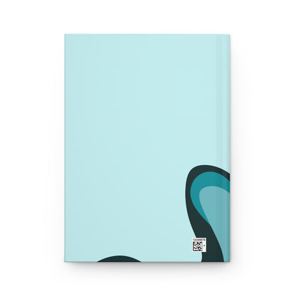 Rectangular blue card with a black abstract design on a white background
