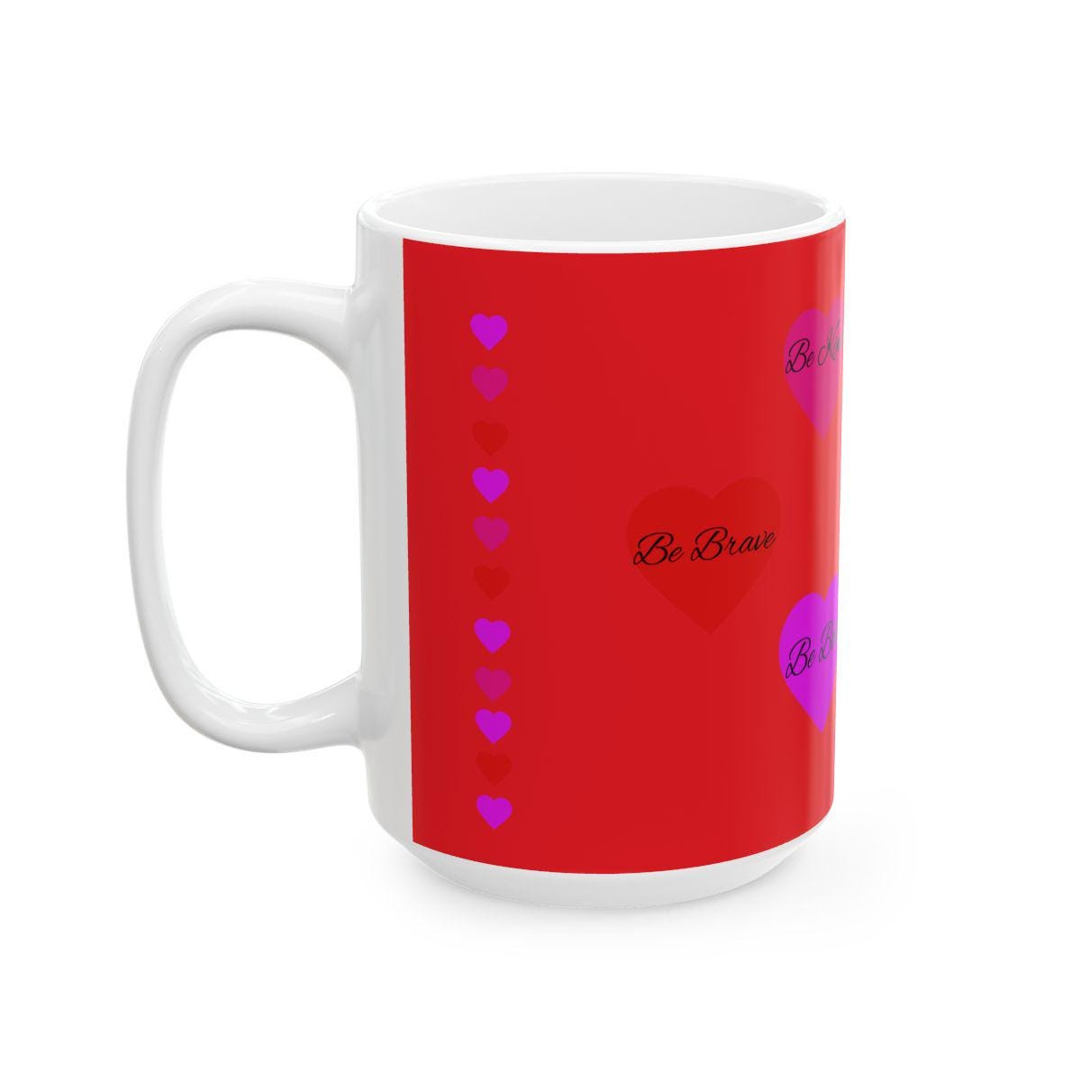 White mug with red background and purple hearts on a white background