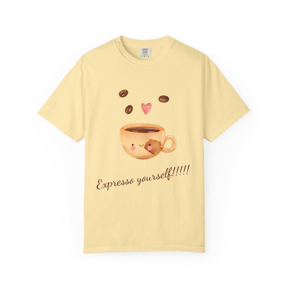 Yellow t-shirt with a coffee cup design and text on a white background