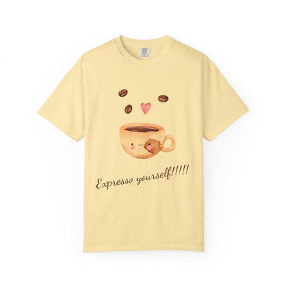 Yellow t-shirt with a coffee cup design and text on a white background