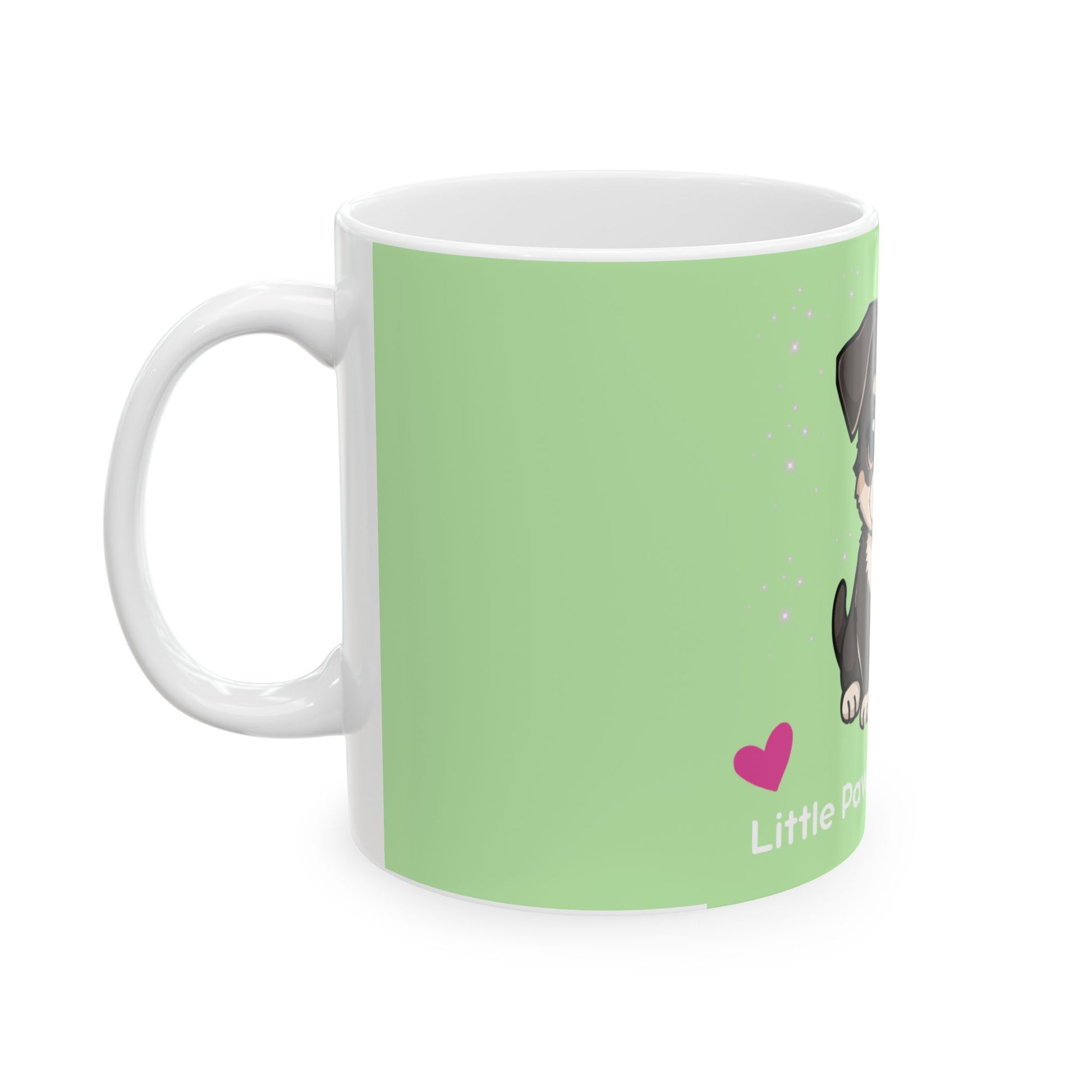Green mug with a cartoon character and text on a white background