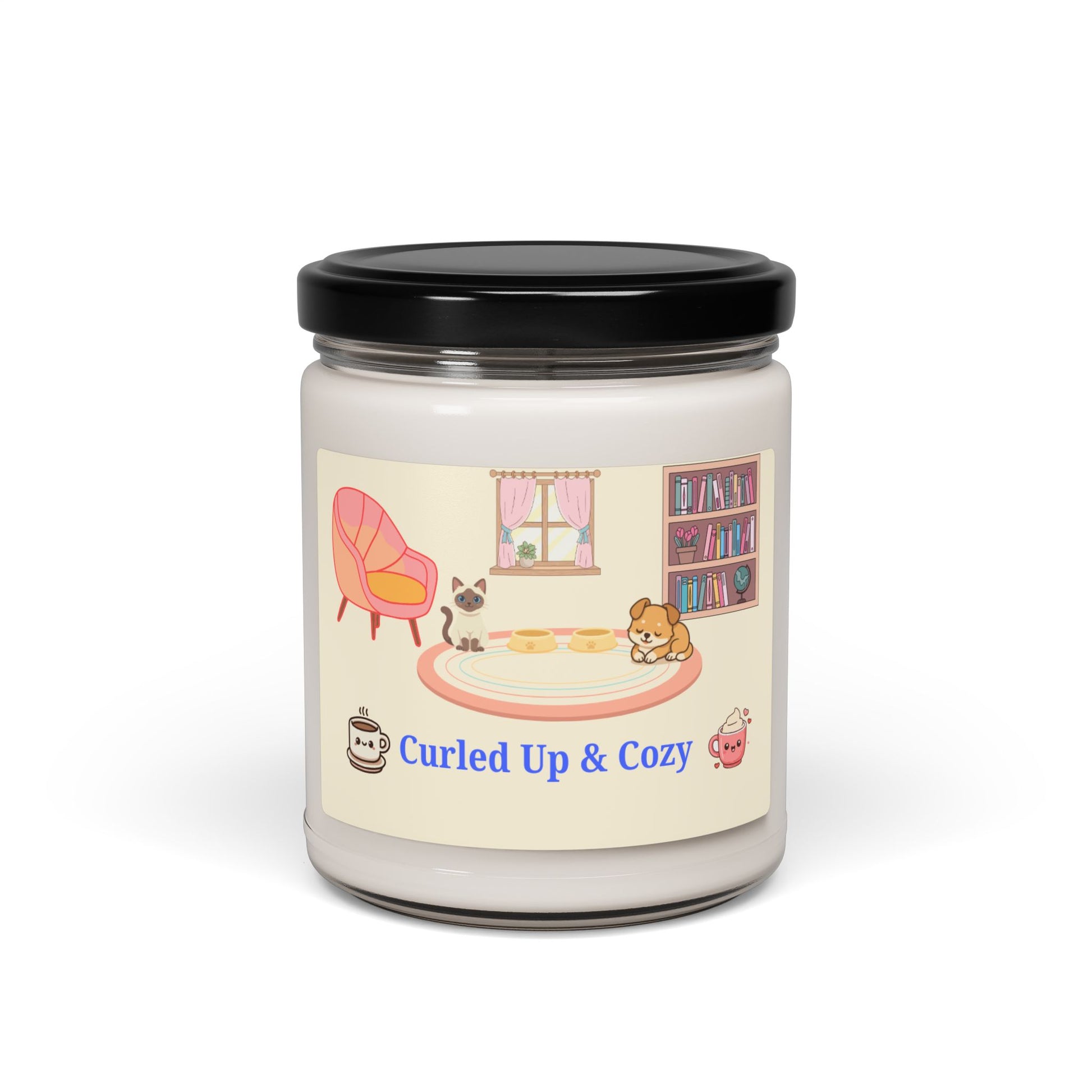 Candle jar with a 'Curled Up & Cozy' label featuring illustrations of a cozy room.