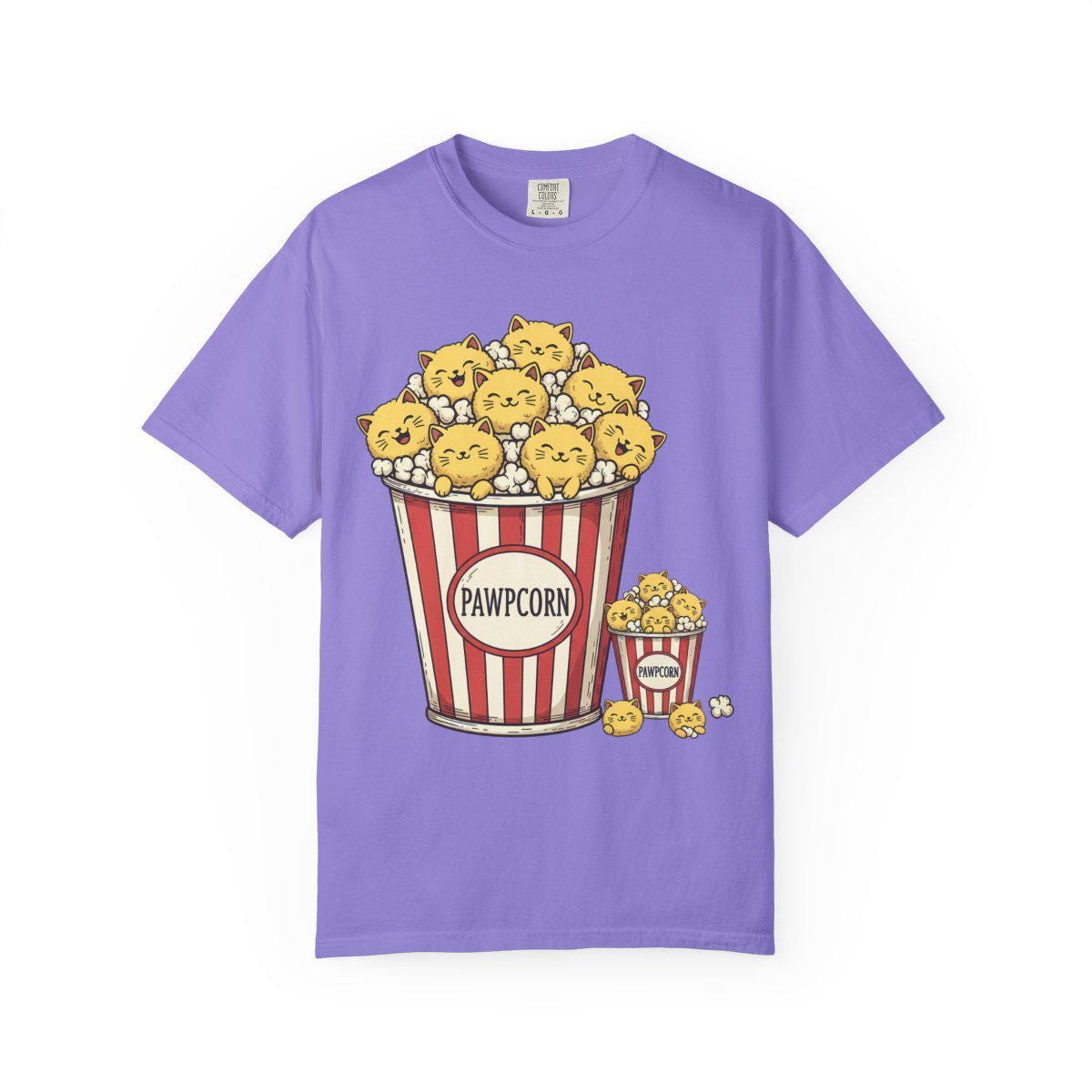 Purple t-shirt with a design of cats in popcorn buckets on a white background