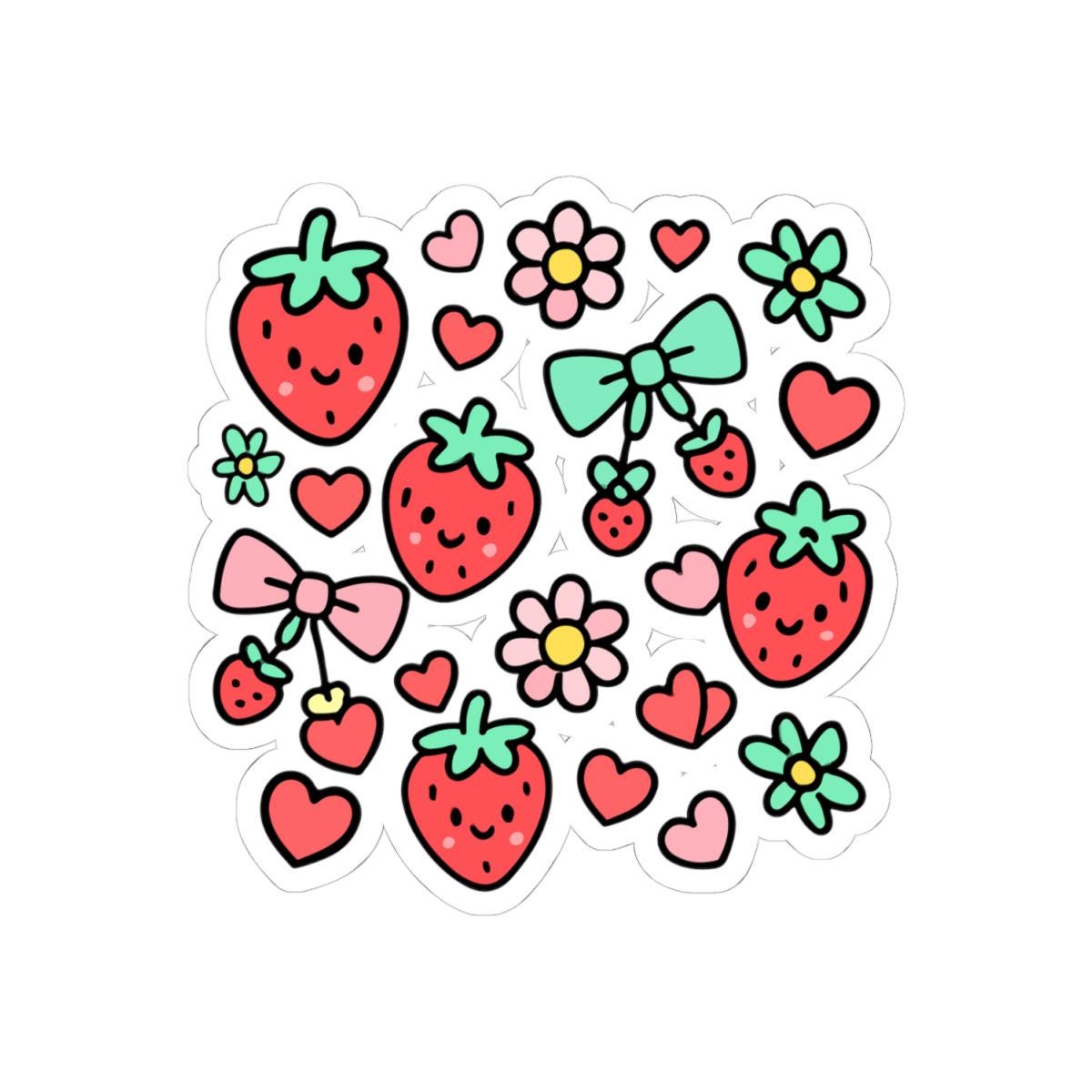 Set of colorful stickers featuring strawberries, flowers, and hearts on a white background