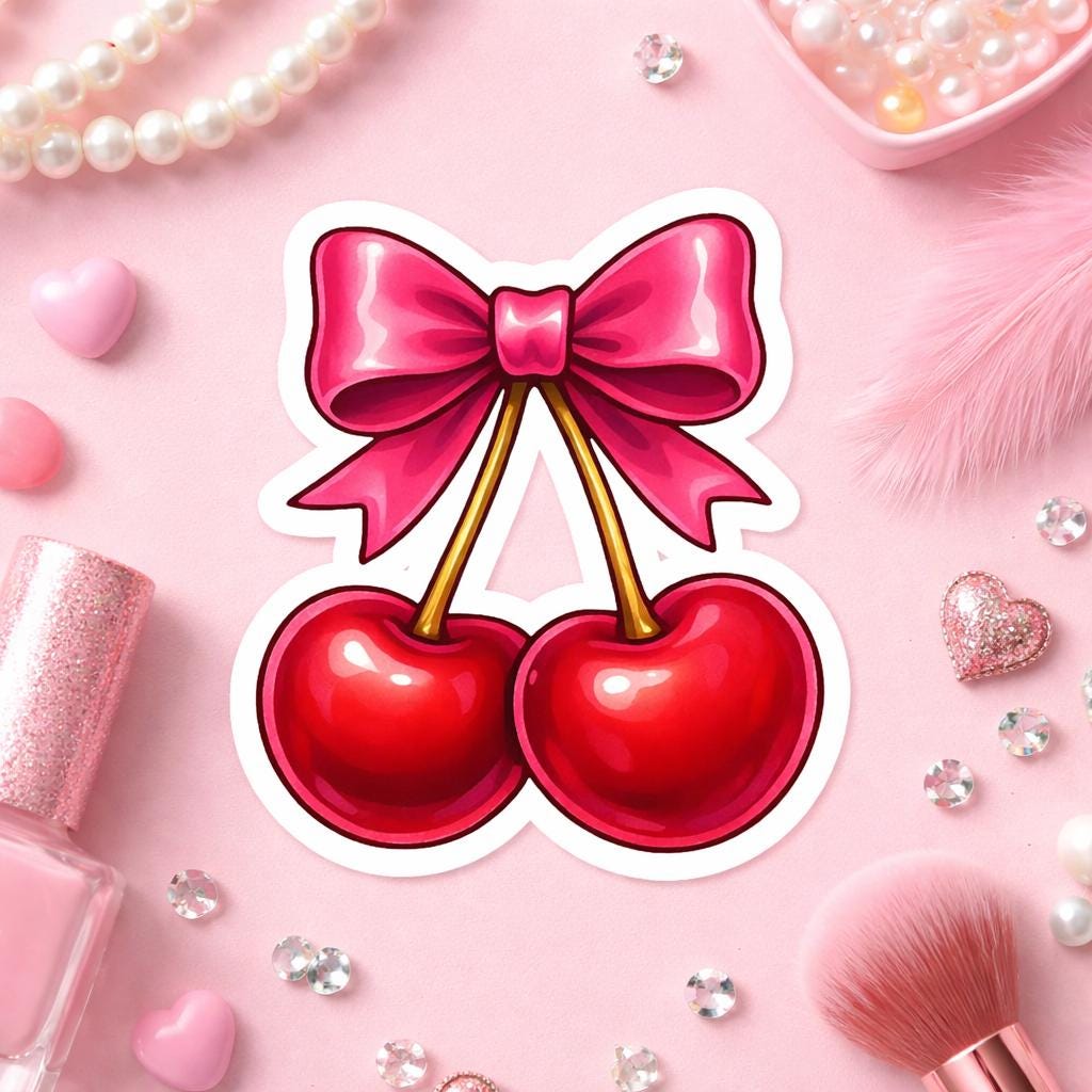 Decorative sticker of two cherries with a pink bow on a pink background with decorative items.