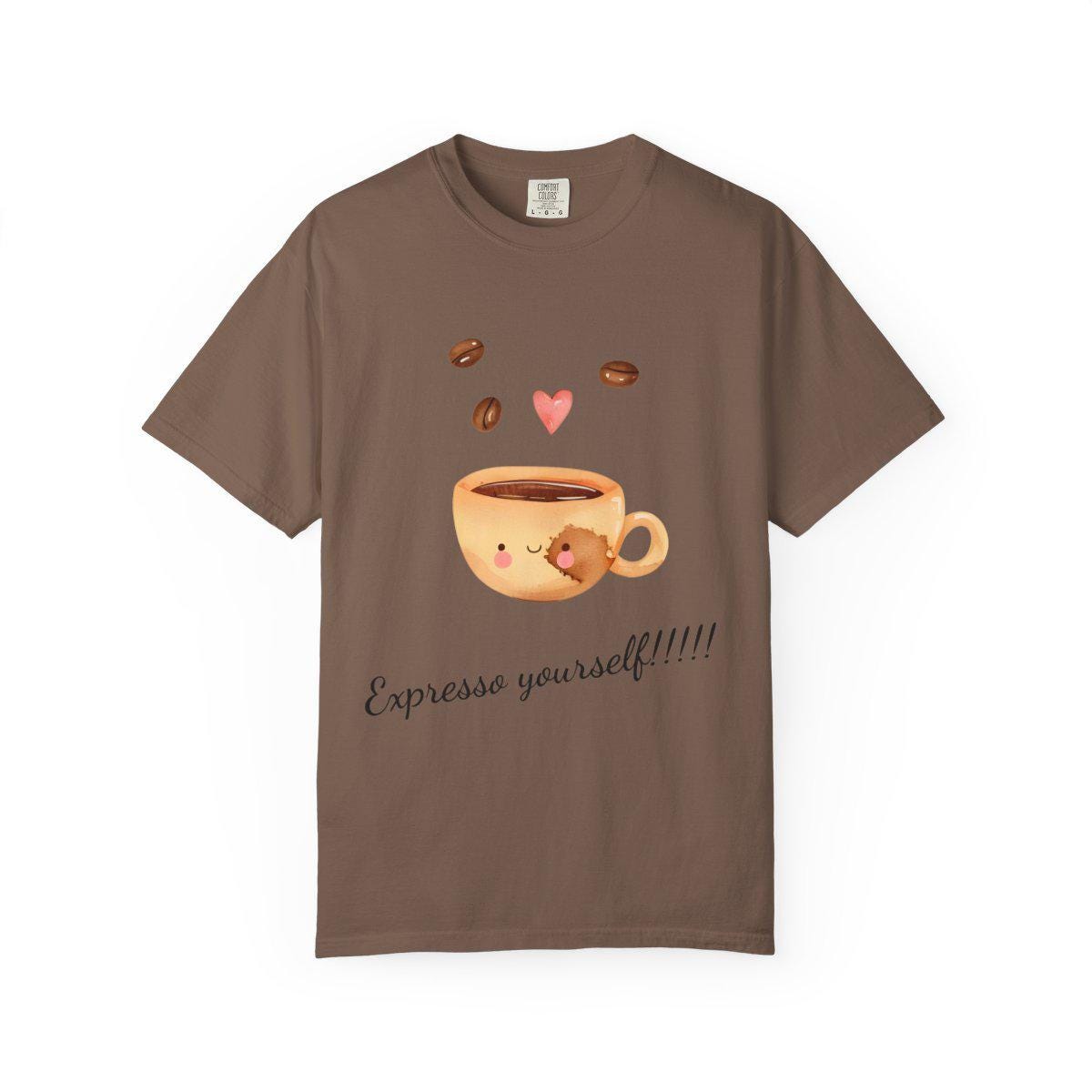 Brown t-shirt with a coffee cup design and text on a white background