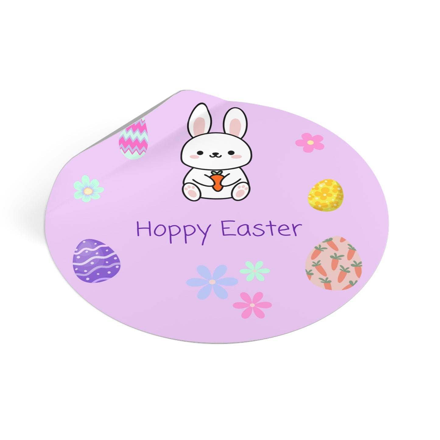 Purple Easter-themed stone with a bunny design and 'Hoppy Easter' text on a white background