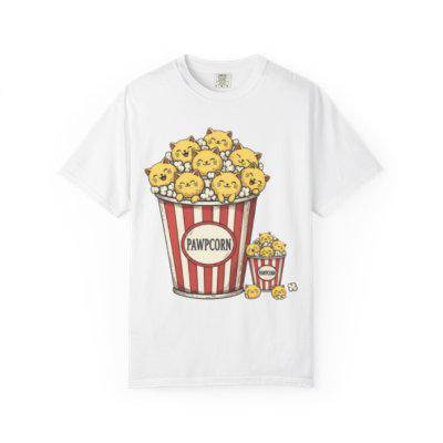 White t-shirt with a cartoon popcorn bucket and paw prints design on a white background