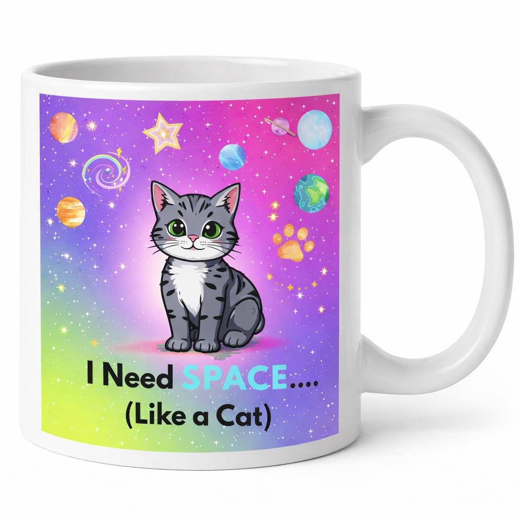 Mug with a cat illustration and space-themed design on a colorful background
