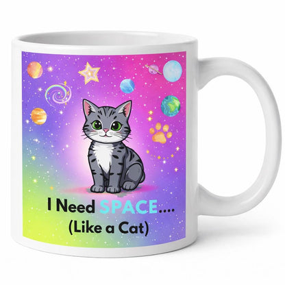 Mug with a cat illustration and space-themed design on a colorful background
