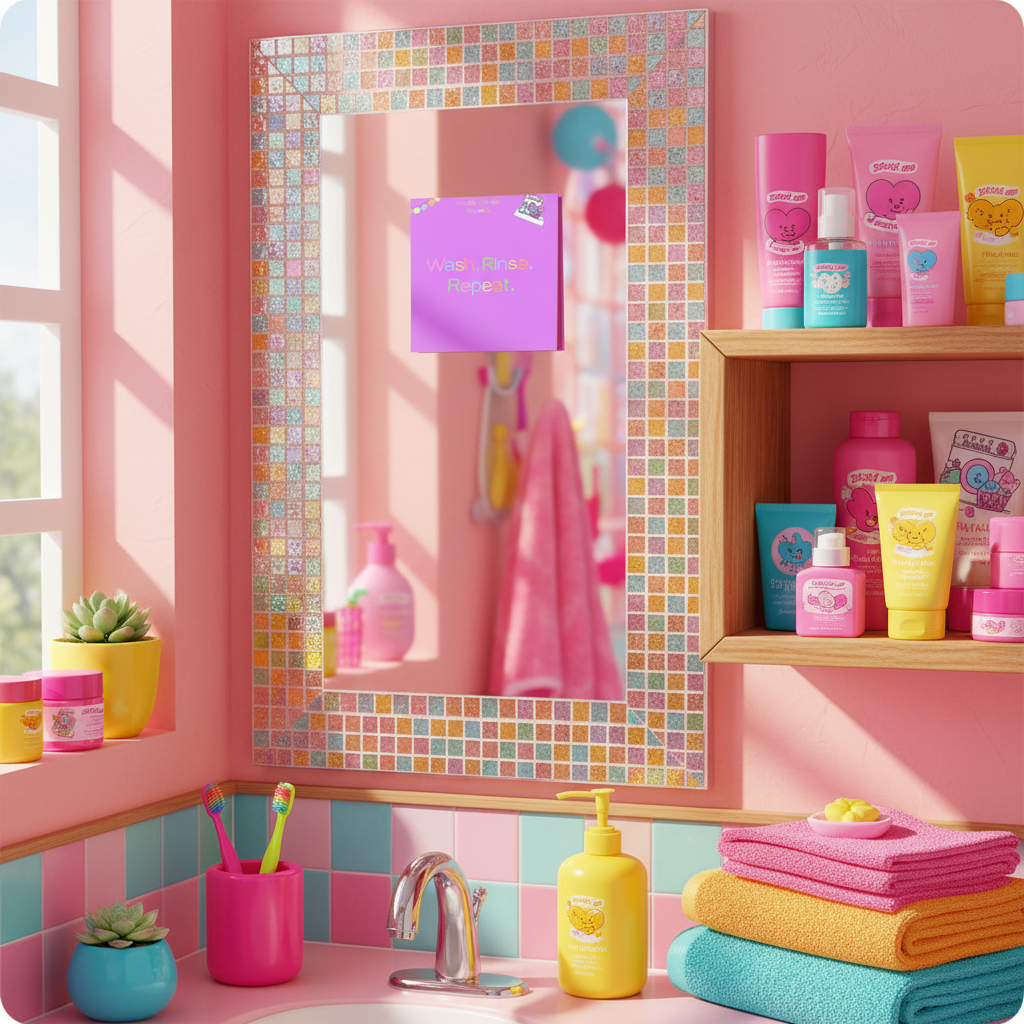 Bathroom mirror with beauty products