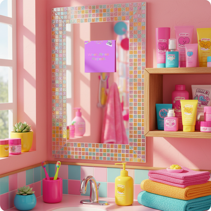 Bathroom mirror with beauty products