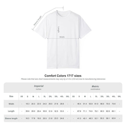 White t-shirt with size chart measurements on a white background
