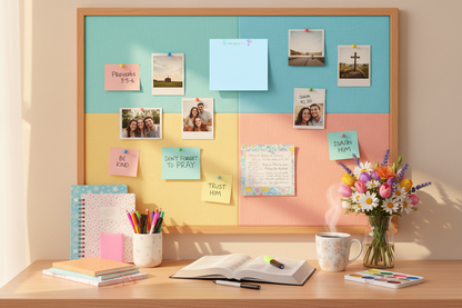 Bulletin board with Bible verses and reminders