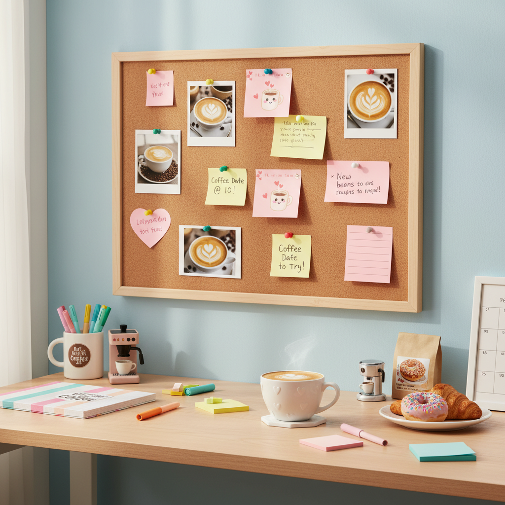 Bulletin board with latte and workspace