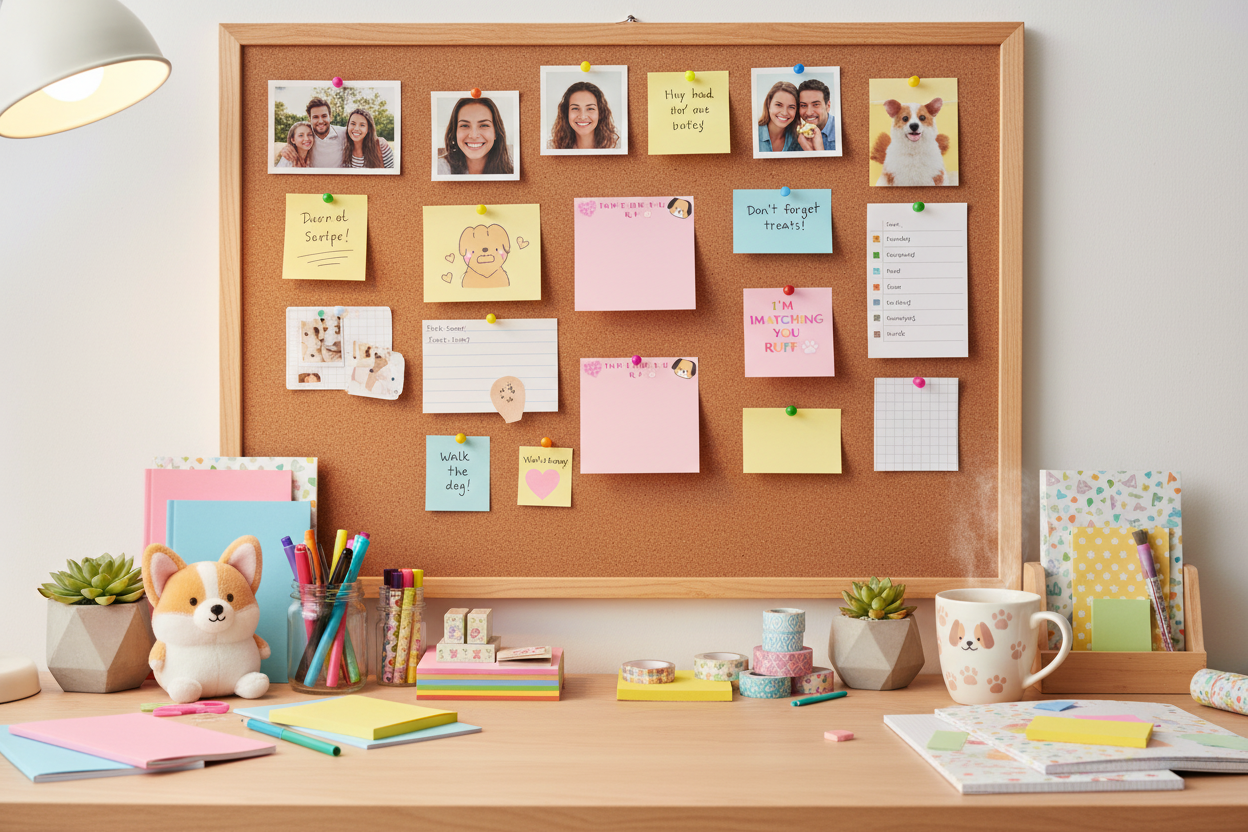 Bulletin board with notes and reminders