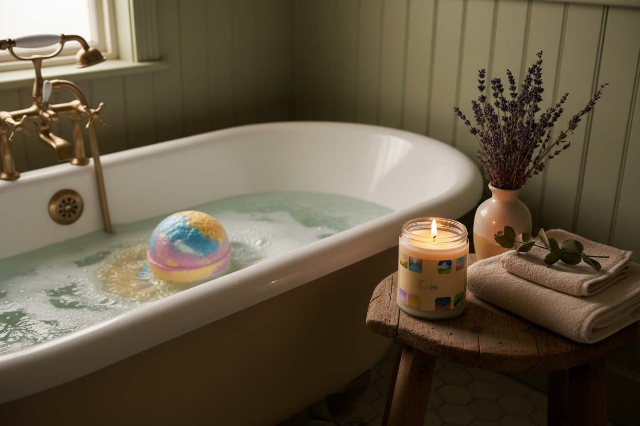 Candle beside a clawfoot tub with bath bomb