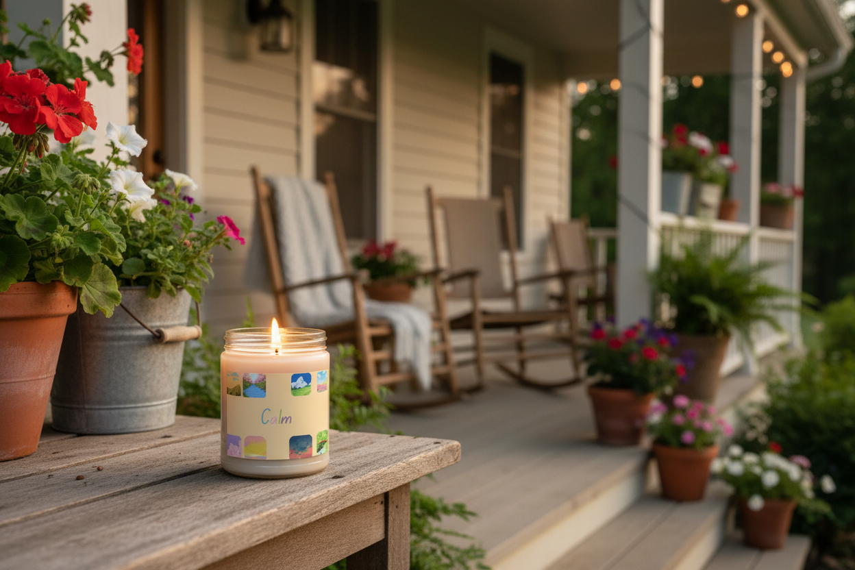 Candle on a farmhouse porch with rocking chairs