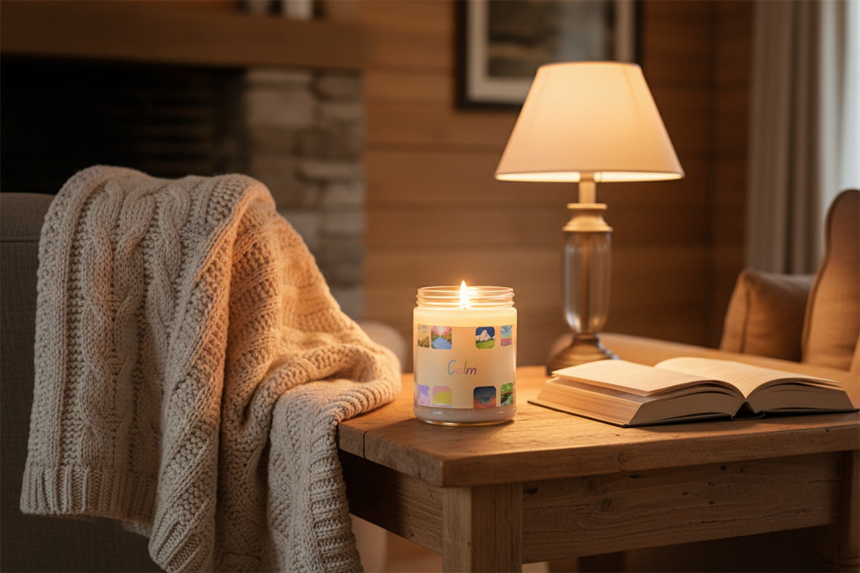 Candle on a farmhouse side table with knit blanket and book