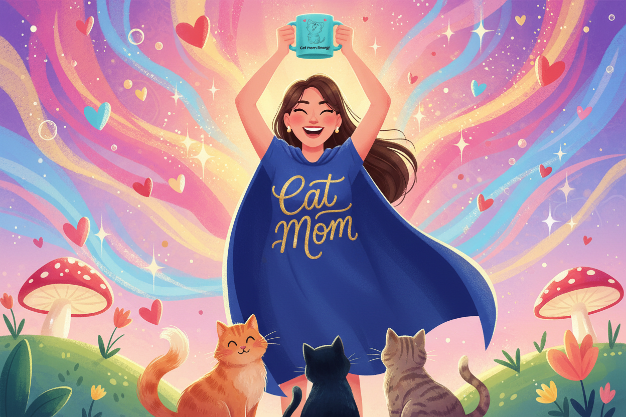 Cat Mom Energy superhero illustration