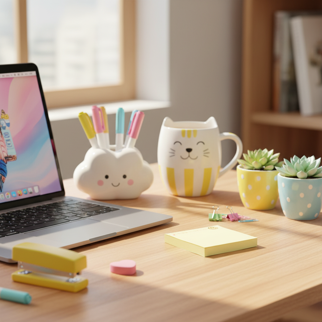 Cheerful desk with colorful stationery