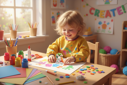 Child doing arts and crafts with bunny sticker