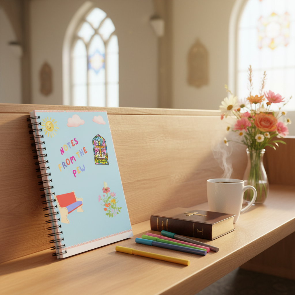 Church pew scene with Bible and coffee
