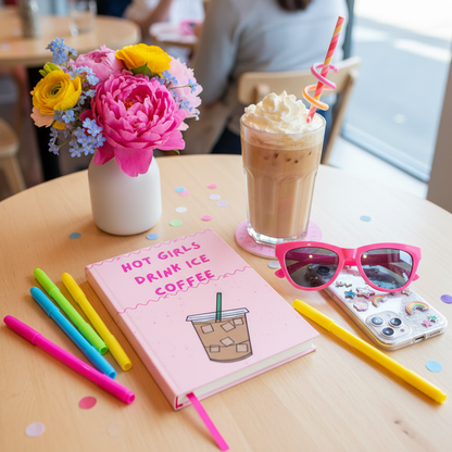 Coffee shop table with iced coffee and accessories