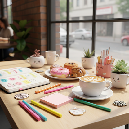 Coffee shop table with latte and pastries