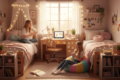 College dorm room with sticky notes on desk