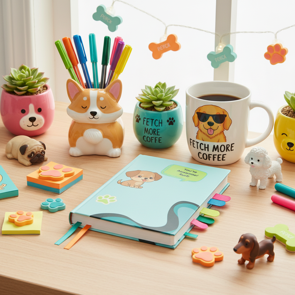 Colorful desk with dog-themed accessories