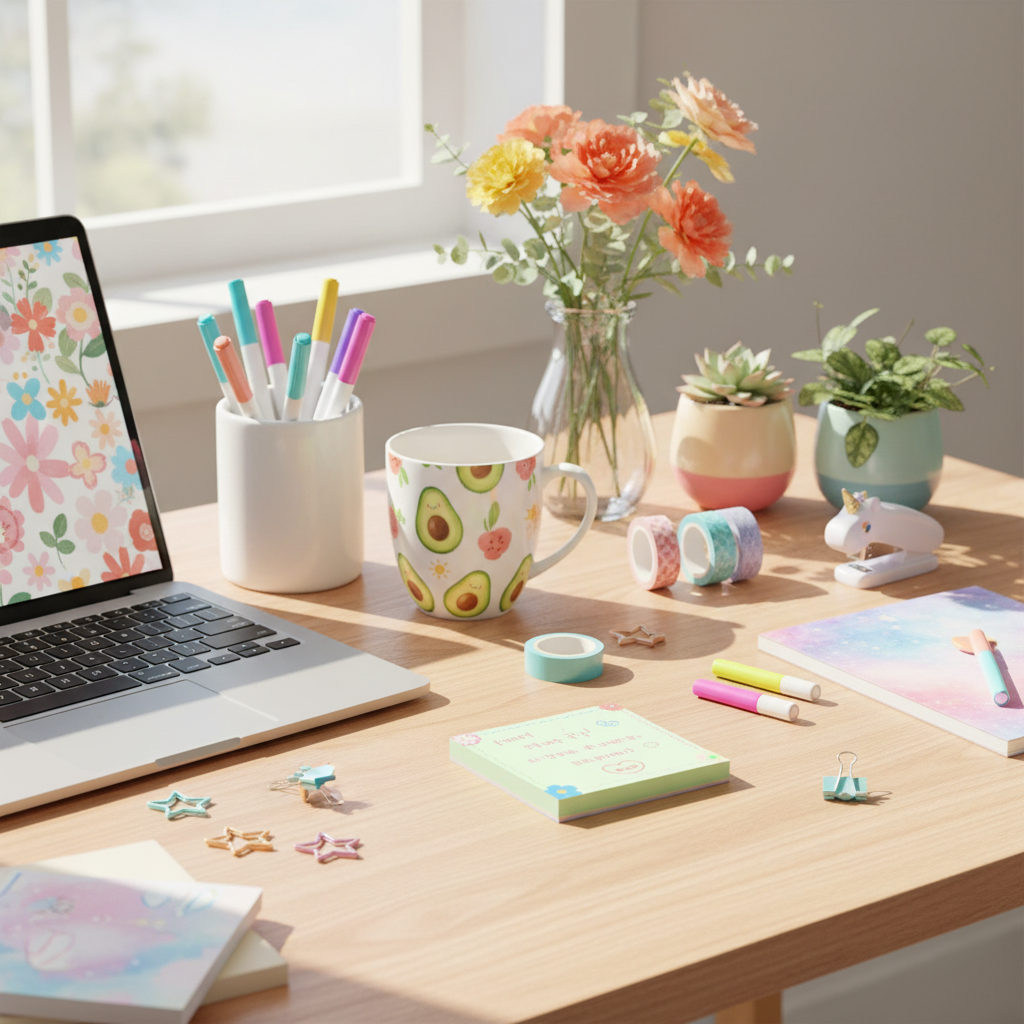 Colorful desk with flowers and stationery