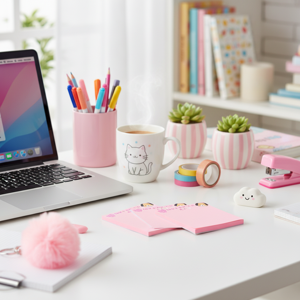 Colorful desk with laptop and stationery
